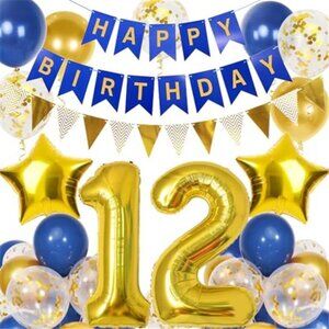 12th Birthday Decorations Boys Navy Blue Gold Balloons Banner Party Supplies Kit